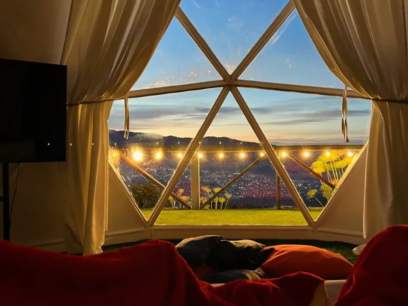 Vista nocturna desde el interior del domo a través del ventanal geodésico, con guirnaldas de luz, jardín iluminado y ciudad al fondo
