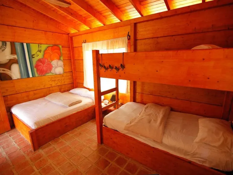 Sendero de piedras irregulares atravesando jardín verde con árboles, rocas y flores rojas, conduciendo hacia estructura roja del glamping con montañas al fondo.