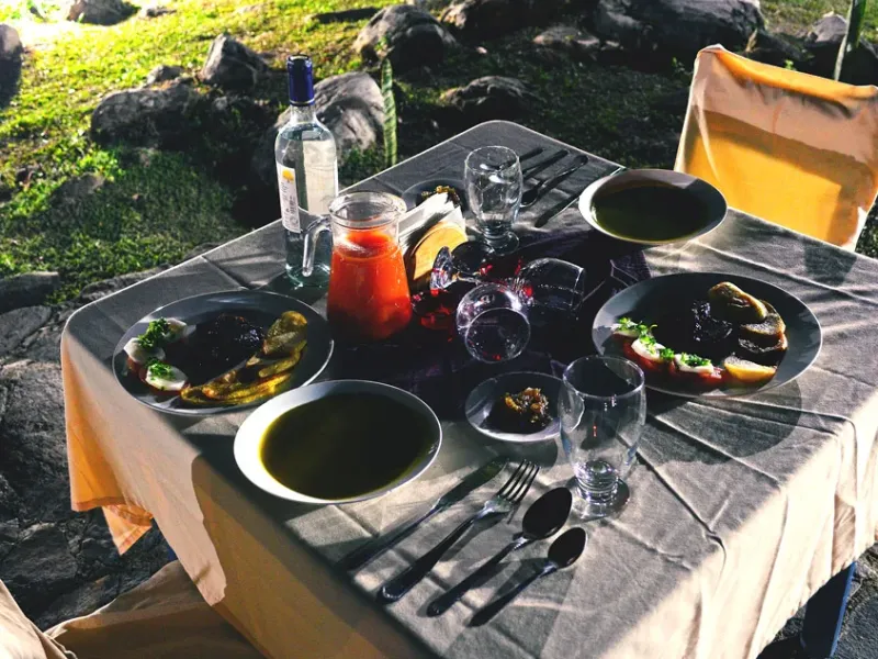 Mesa exterior servida con platos negros, comida típica, jarra de jugo rojo, copas y cubiertos, rodeada de rocas y césped.