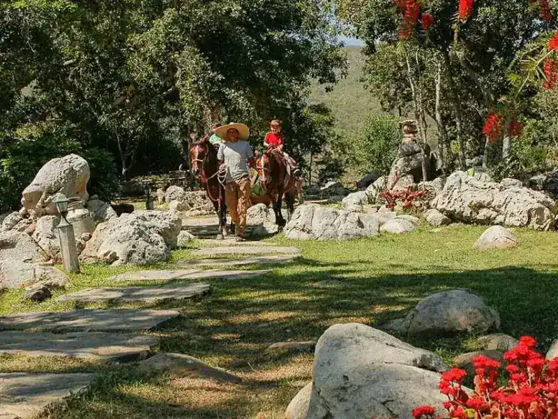 Guía con sombrero campesino conduciendo dos caballos por sendero de piedra entre árboles, rocas y flores rojas.