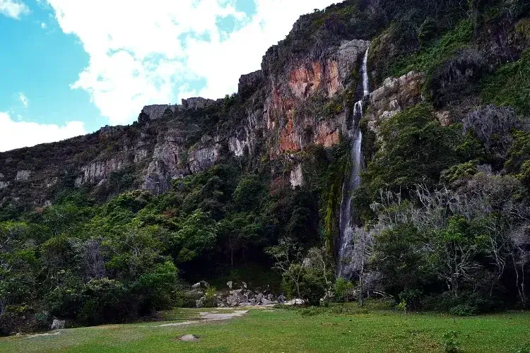 Cascada alta cayendo por pared rocosa con vegetación exuberante, frente a pradera verde y cielo parcialmente nublado.