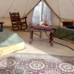 Interior de bell tent con dos camas verdes, mecedora, mesa central de madera con botella de vino y tapete persa